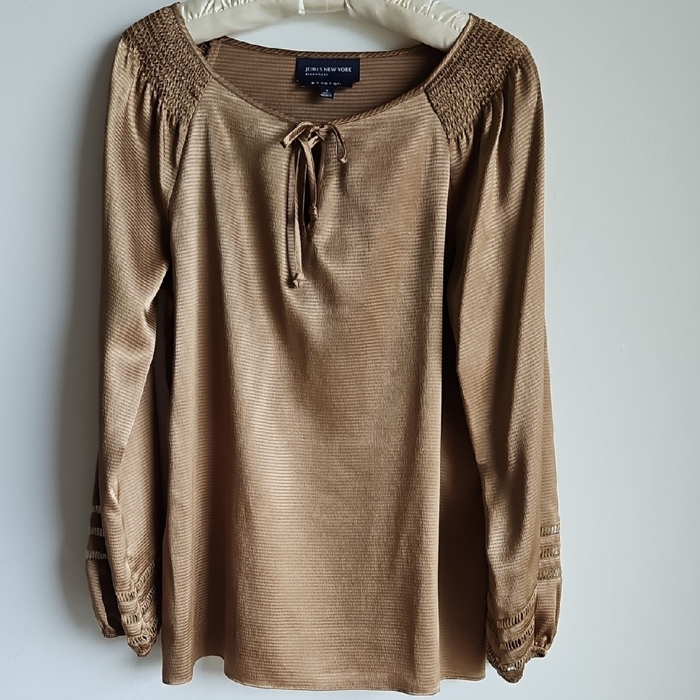 Jones New York Gold Smocked Tie Front Blouse